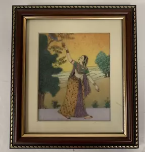 Vintage Framed Gem Stone Painting Art Picture India Woman Feeding Bird - Picture 1 of 6