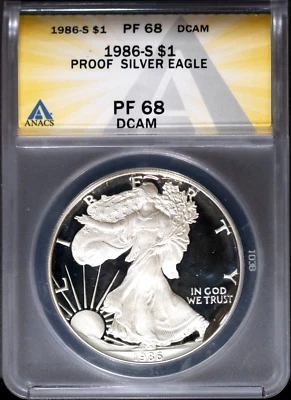 1986-S $1 Silver American Eagle PF 68 DCAM ANACS # 7539857 + Bonus. Frosty Cameo - Image 1 of 2