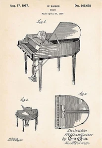 Arte de pared para piano decoración - 1937 Zaiser patente impresión póster dibujo regalos para pianista - Imagen 1 de 2
