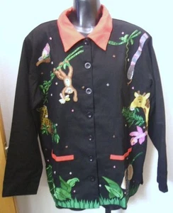 Quacker Factory New NWT Jacket Large Jungle Safari Animals Black Red L Monkey - Picture 1 of 1