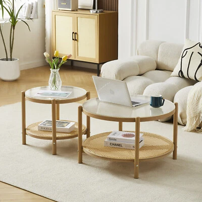 2PCS Round Rattan Coffee Table 2-Tier Glass Metal Side End Table Set Living Room - Image 1 of 4