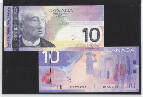 CANADA 10 Dollars 2005 / 2009, BC-68b Jenkins / Carney, Original UNC Grade.  E3 Cover