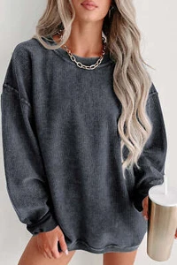 Sudadera pulóver gris lisa de punto acanalado cuello redondo - Imagen 1 de 8