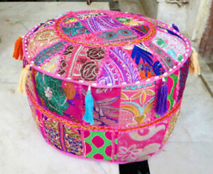 Round Foot Stool New Indian Cotton Vintage Ottoman Pouf Cover Handmade Patchwork
