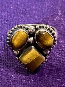 Tigerauge Ring mit 3 Steinen Größe 8 in Herzform 925 Sterling Silber Neu - Bild 1 von 12