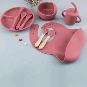 8PCS/Set Baby Feeding Set Sucker Bowl Dishes Cup Spoon Forks Baby Bib Children's - Picture 1 of 18