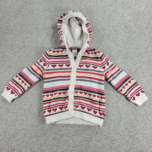 Gymboree Kids Cardigan Sweater 4 Red Beige Fair Isle Heart Print Hooded Cotton - Picture 1 of 12
