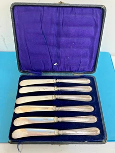 Antigque set of 6 silver handled butter knives in case - Picture 1 of 4