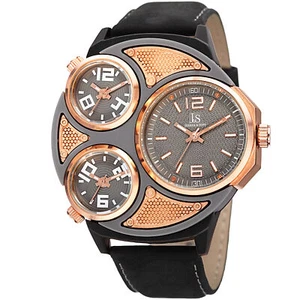 Men's Joshua & Sons JX105RGBK Triple Time Zone Genuine Leather Strap Watch - Picture 1 of 4