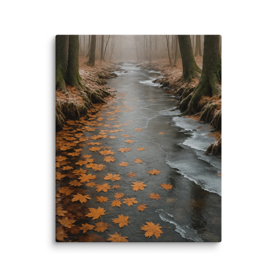 Autumn Forest Canvas Wall Art – Misty Creek & Maple Leaves Print - Image 1 of 4