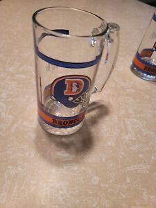 Vintage NFL Denver Broncos Glass 12 Oz Beer Stein Mug With Thumbprint Handle