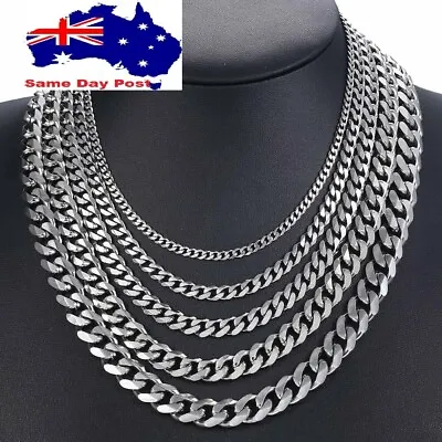 Silver  Stainless Steel 3 5 7 9 11 Mm Curb Cuban Chain Necklace Hip Hop Men Boys • 5.78$