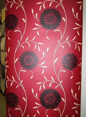 DARK RED, BLACK AND CREAM MODERN DAISY / FLORAL PREPASTED WALLPAPER # SW29218 Foto 1 de 3