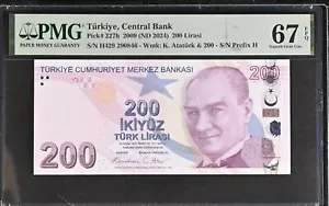 Turkey 200 Lirasi 2009 ND 2024 P 227 Prefix H Superb Gem UNC PMG 67 EPQ - Picture 1 of 3
