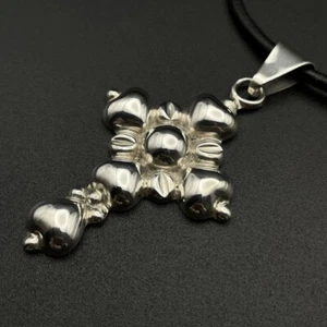 Vintage Mexico Sterling Puffy Heart Cross Necklace TD-91 Black Leather Cord - Picture 1 of 6