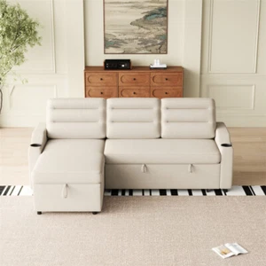 83.5" L-Shaped Sectional Sleeper Sofa w/Pull-Out Bed Reversible Storage Chaise - Picture 1 of 13