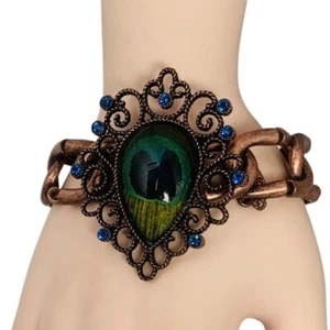 Betsey Johnson Large Peacock Feather Statement Bracelet 7.2" Veg Garden Morocco - Picture 1 of 10