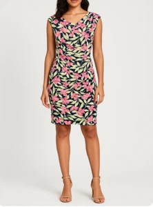 Connected Apparel Floral Dress Women 10 Ruched Sheath Pink Navy Tropical Resort - Picture 1 of 8
