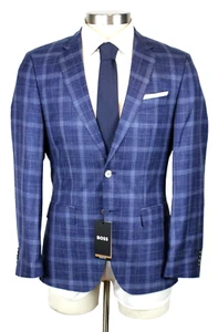 Boss Sport Coat 38 S (48 EU) Mens Blue Plaid Wool Silk Linen Slim Fit Hutson - Picture 1 of 12