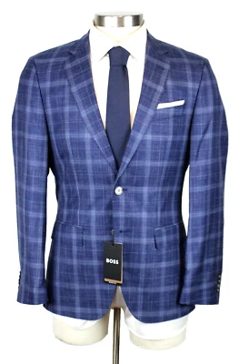 Hugo Boss Sport Coat 38 R Mens Blue Plaid Wool Silk Linen Slim Fit Hutson New - Image 1 of 4