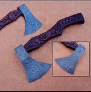 CUSTOM HANDMADE DAMASCUS STEEL HATCHET TOMAHAWK AXE WITH ENGRAVED VIKING HANDLE - Picture 1 of 1