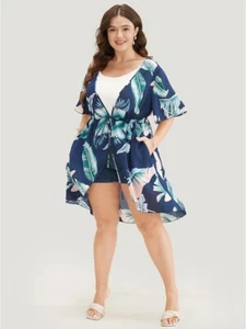 BloomChic Tropical Print Ruffle Sleeve Ties Open Front Kimono Size 10 - Picture 1 of 4