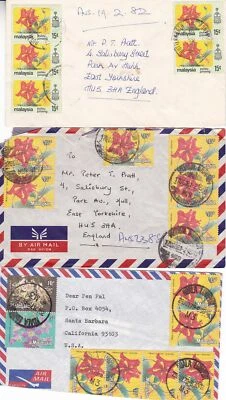 1981-2 Malasia #195(6),#85(5) en lote de tres portadas a Inglaterra y Estados Unidos; flor*d Foto 1 de 2