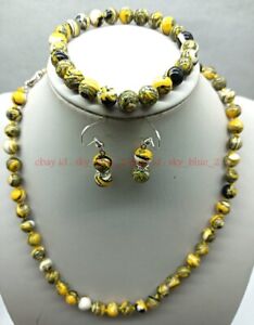 Beautiful 6/8mm Yellow Turquoise Round Bead Necklace Bracelet Earring Set18/7.5"