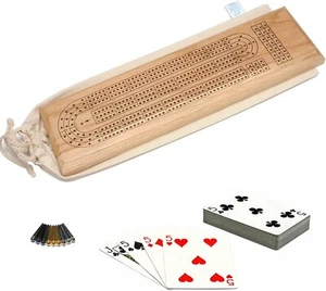 WE Games 3 Track Continuous Cribbage Set, Solid Oak Wood Board, Cards, Bag, Pegs - Picture 1 of 7