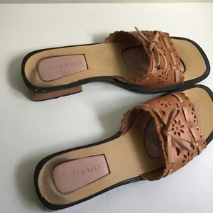 WOMENS DARK BROWN LEATHER ANDIAMO SLIDES Sandals FLATS HEELS SHOES SIZE 7.5 M - Picture 1 of 8