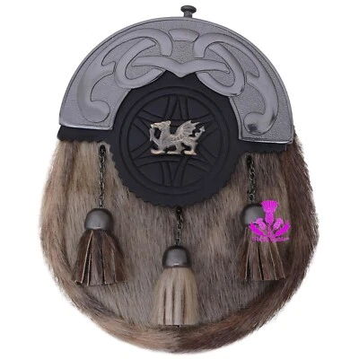 TE Men's Kilt Sporran Celtic Cantle Welsh Dragon Badge Antique Finish Leather Belt