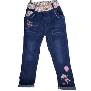 Handmade Girls 16"W 18"L SZ 5? Blue Denim Jeans Pants Floral Fabric Embroidery - Picture 1 of 12