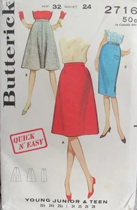 VTG 60s Butterick 2716 Jr Teen 11 (W24) SLIM A-LINE OR FLARE Skirt Retro Pattern - Picture 1 of 2