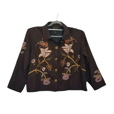 Vintage ALEX Kim Embroidered Applique Jacket 2X Brown Floral Lined Art 2 Wear. - Image 1 of 4