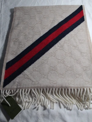 NUEVO CON ETIQUETAS GUCCI Nuevo Nikky Lana GG Monograma Web Bufanda Borla Beige Unisex 37 x 190 Foto 1 de 4