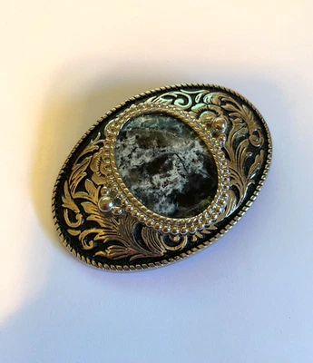 Vintage Silver Tone Belt Buckle with Oval Black & White Agate - Image 1 of 4