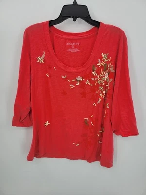 Top boho Eddie Bauer para mujer XL rojo bordado manga 3/4 cuello redondo Foto 1 de 4