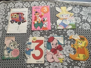 Vintage Geburtstag Kinder Karten Epherma Basteln Hund Hase 3 Jahre Kätzchen Posten - Bild 1 von 5