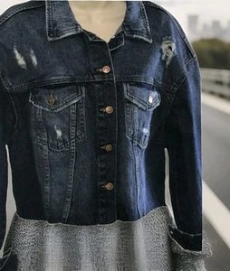 Women's L Denim Distressed Jean Jacket Relaxed Cropped Short Dark Blue Large - Picture 1 of 5