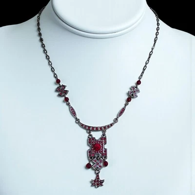 Collar Gótico Victoriano Renacimiento Rojo Estrás Cruz Y Gunmetal Colgante 16" Foto 1 de 4