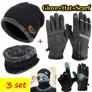 Winter 3 Piece Set Mens Knit Beanie Hat Scarf Touch Screen Ski Gloves Warm - Picture 1 of 15
