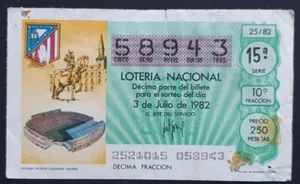 Decimo LOTERIA Nacional FÚTBOL 3/7/1982 ATLÉTICO MADRID Estadio Vicente Calderón - Imagen 1 de 1