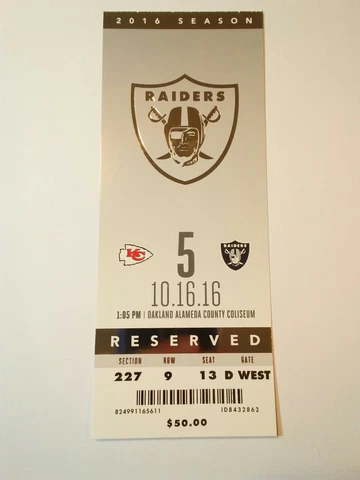 2016 Oakland Raiders Kansas City Chiefs NFL Football Full Ticket Stub Cover