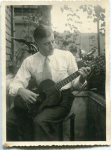 Orig. Photo Young Man, Top Shirt, Brief/Tie, Balcony Plays Guitar 30s