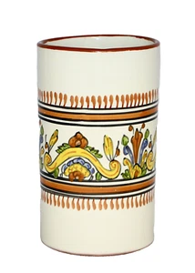 LE SOUK CERAMIQUE Utensil Holder Vase Cream Brown Yellow Floral 8 inches tall - Picture 1 of 6