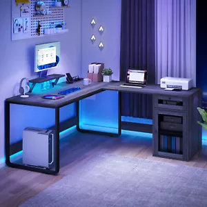 L Shaped Desk with Power Outlets & LED Lights Reversible Corner Computer Desk - Picture 1 of 12