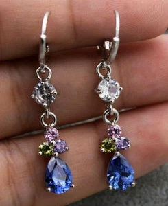 18K White Gold Filled Multi-Color & Blue Teardrop CZ Mini Hoop Dangle Earrings - Picture 1 of 2