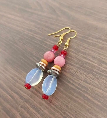 Pretty Opalite & Pink Rhodonite Gold Tone Drop Earrings -*NEW* - image 1 of 4