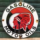 VINTAGE McCOLL-FRONTENAC RED INDIAN MOTOR OILS PORCELAIN GAS PUMP SIGN