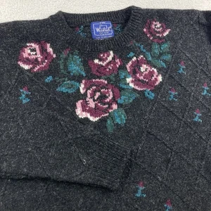 Vintage Woolrich Wool Sweater Womens Large Grey Floral Pullover Knit 80s - Picture 1 of 7